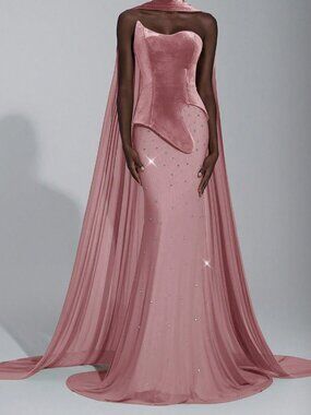 Dusty Pink Velvet Party Women's Fishtail Evening Gown